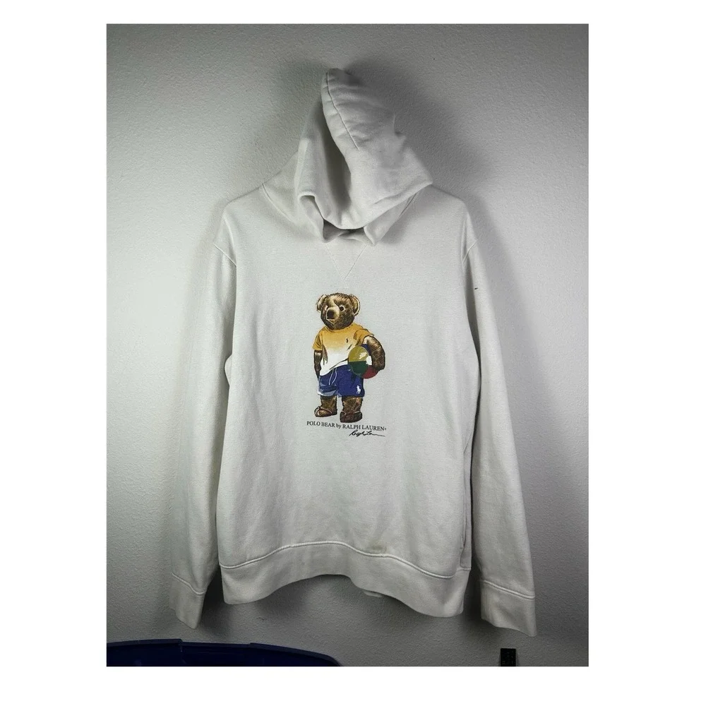 Polo Ralph Lauren Polo‎ Bear White Fleece Hoodie L Graphic Print